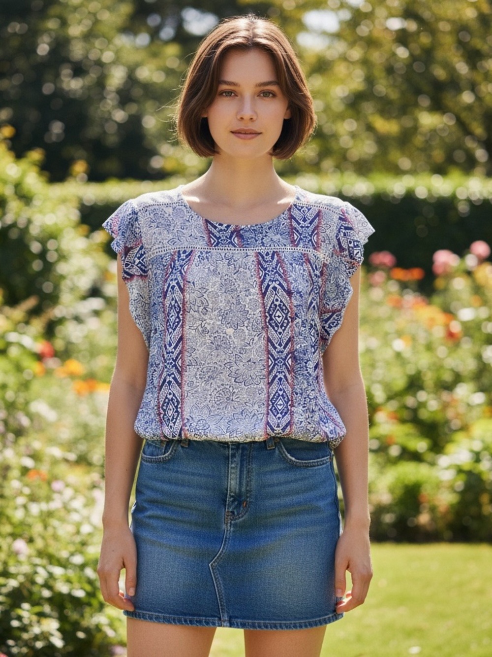 RXB Blue and White Floral Print Flutter Sleeve Blouse